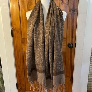 Pashmina Brown Cream Tan Scarf Wrap with Fringe Trim Paisley